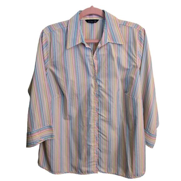Lands' End Rainbow Striped 3/4 Sleeve Cotton Blend V Neck Blouse Size 16W - Picture 1 of 6